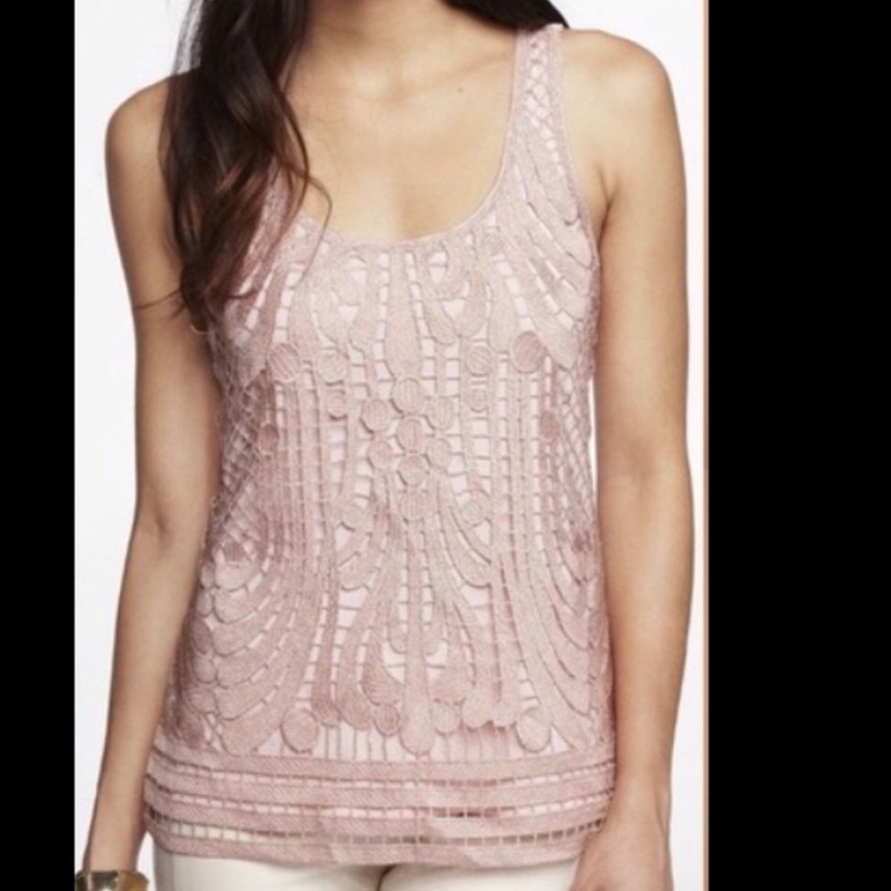 EXPRESS Vintage Y2K Elegant Beige with Metallic gold threaded crochet Top